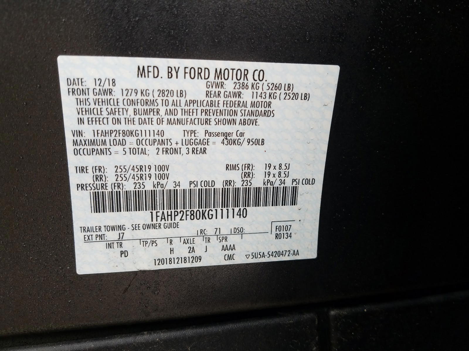 Photo 10 from auction – 2019 FORD TAURUS LIM with VIN 1FAHP2F80KG111140