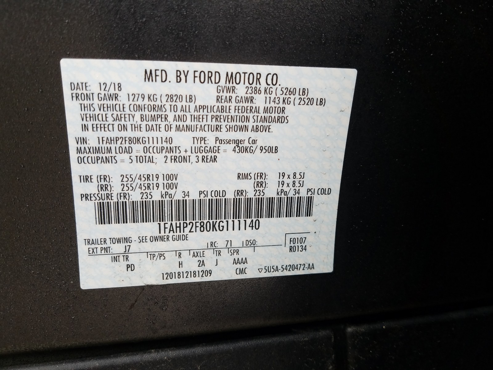 Фото 10 с аукциона – 2019 FORD TAURUS LIM с VIN 1FAHP2F80KG111140