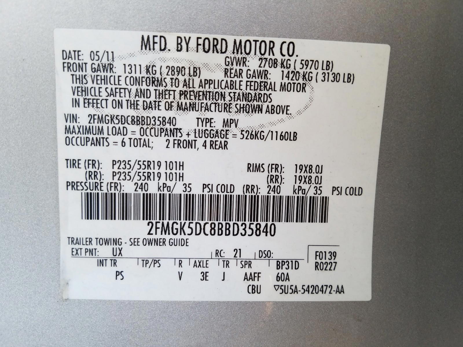 Photo 10 from auction – 2011 FORD FLEX LIMIT with VIN 2FMGK5DC8BBD35840