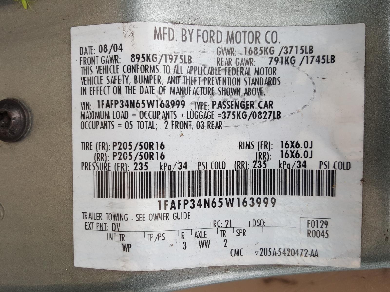 Photo 10 from auction – 2005 FORD FOCUS with VIN 1FAFP34N65W163999