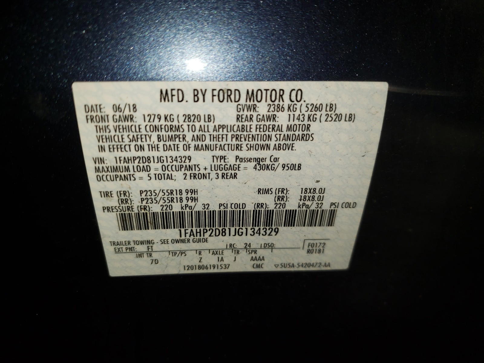 Photo 10 from auction – 2018 FORD TAURUS SE with VIN 1FAHP2D81JG134329