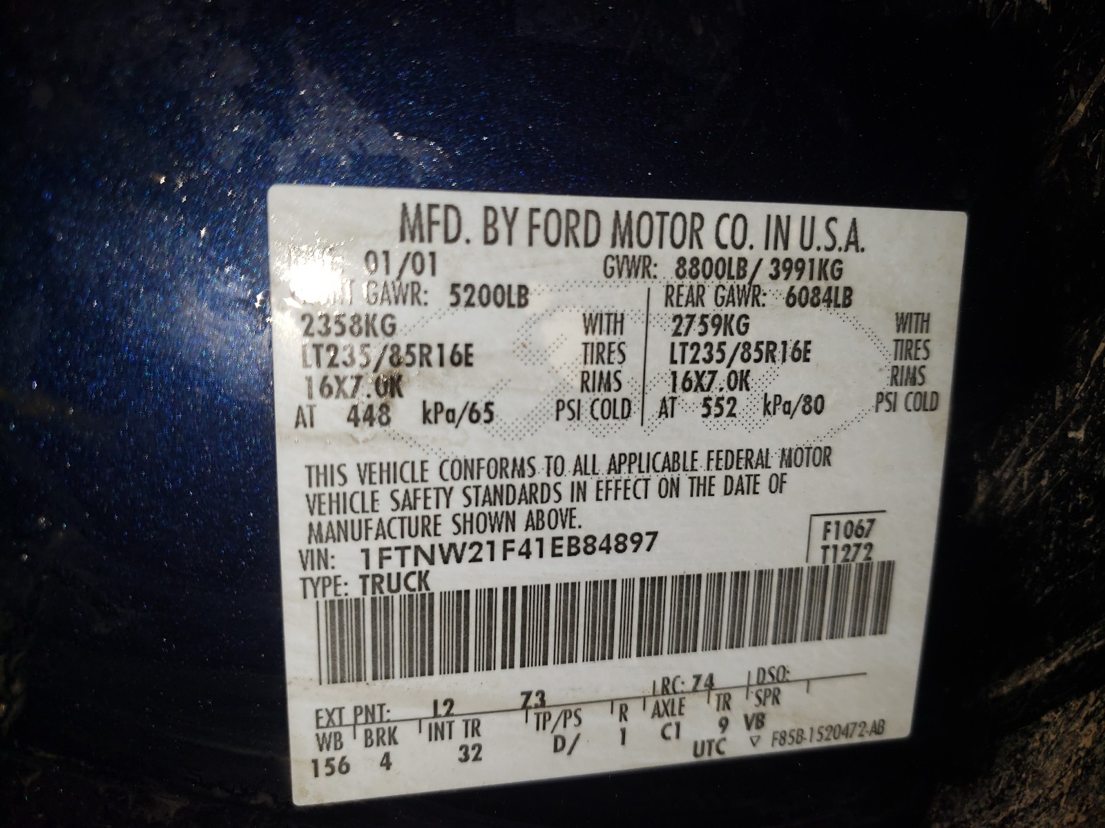 Photo 10 from auction – 2001 FORD F250 SUPER with VIN 1FTNW21F41EB84897