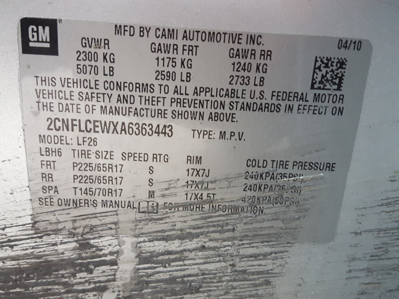 Photo 10 from auction – 2010 CHEVROLET EQUINOX LS with VIN 2CNFLCEWXA6363443