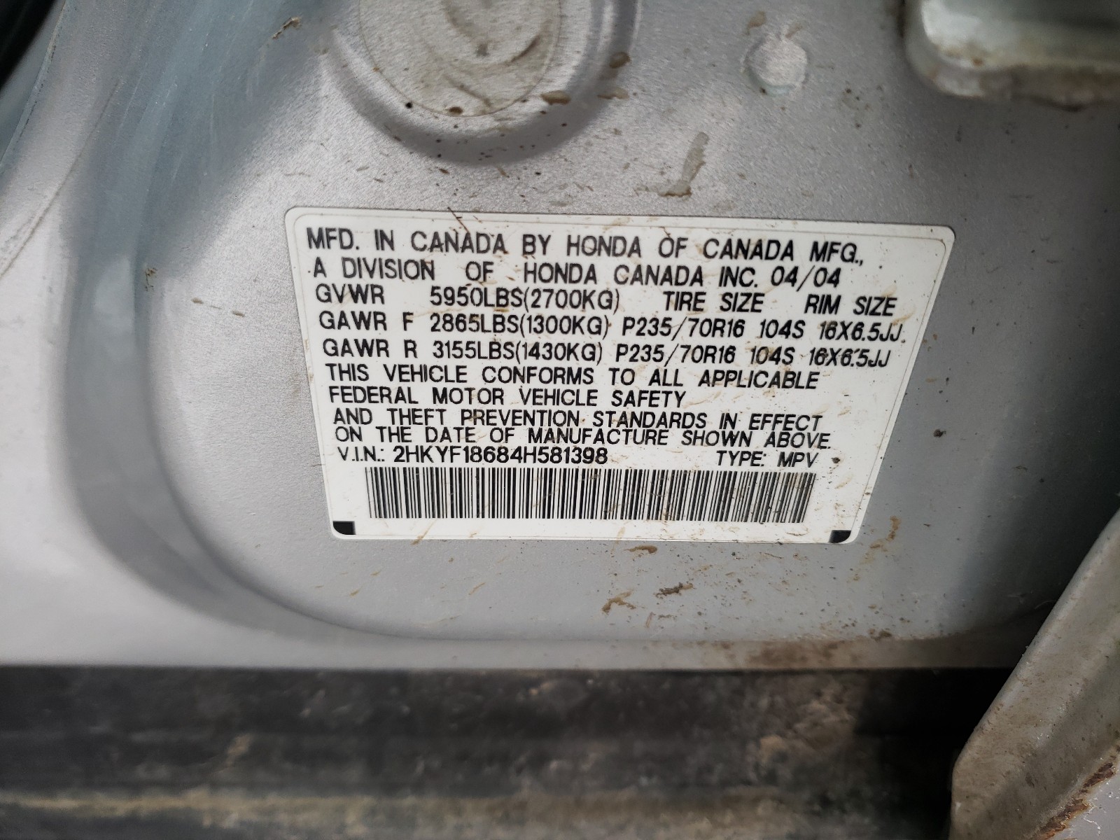 Photo 10 from auction – 2004 HONDA PILOT EXL with VIN 2HKYF18684H581398