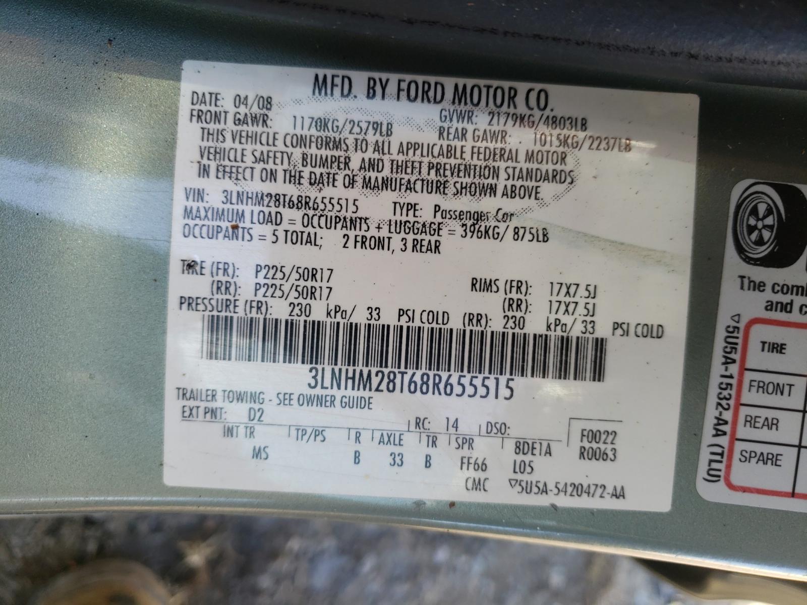 Photo 10 from auction – 2008 LINCOLN MKZ with VIN 3LNHM28T68R655515