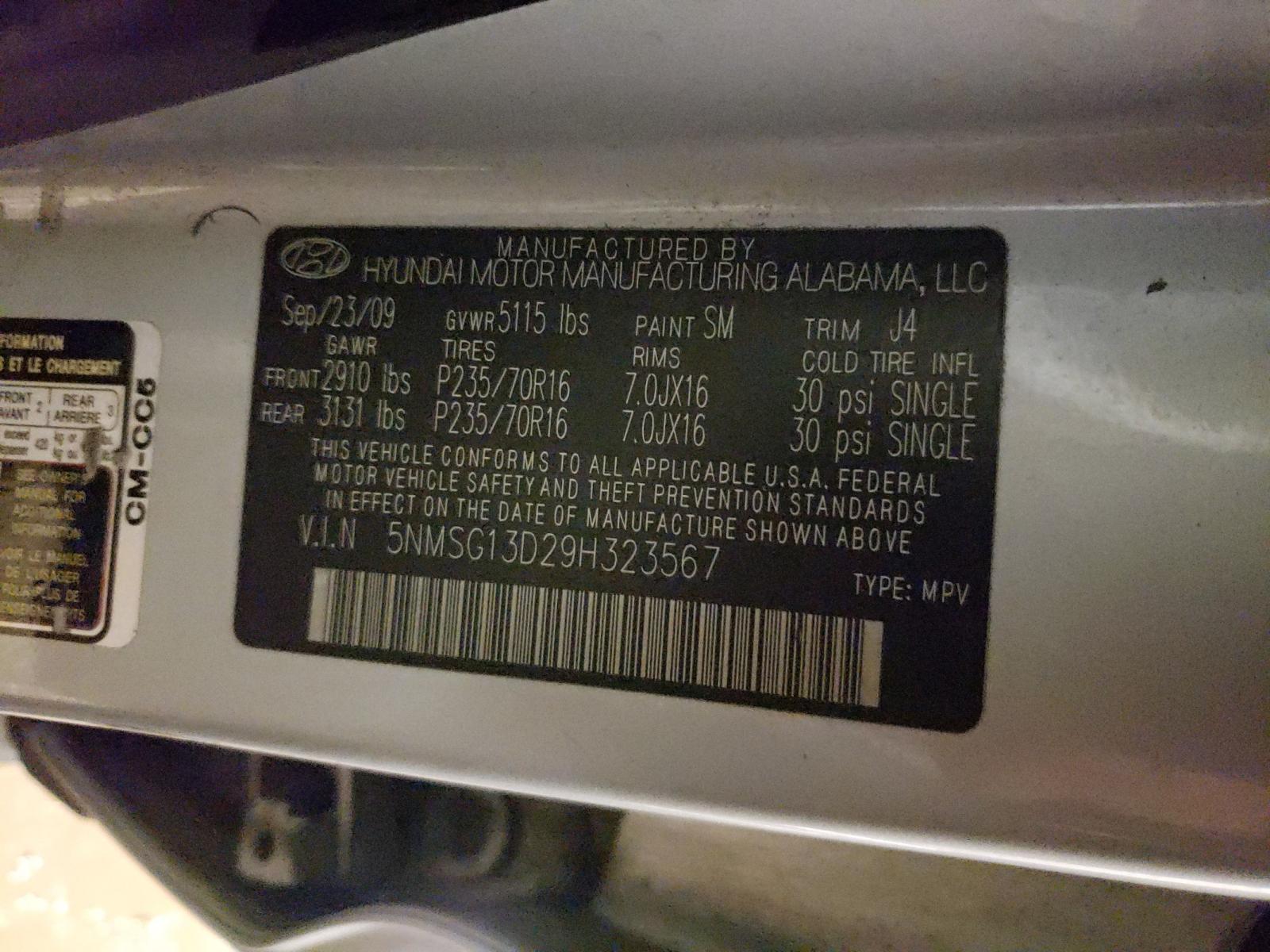 Photo 10 from auction – 2009 HYUNDAI SANTA FE G with VIN 5NMSG13D29H323567