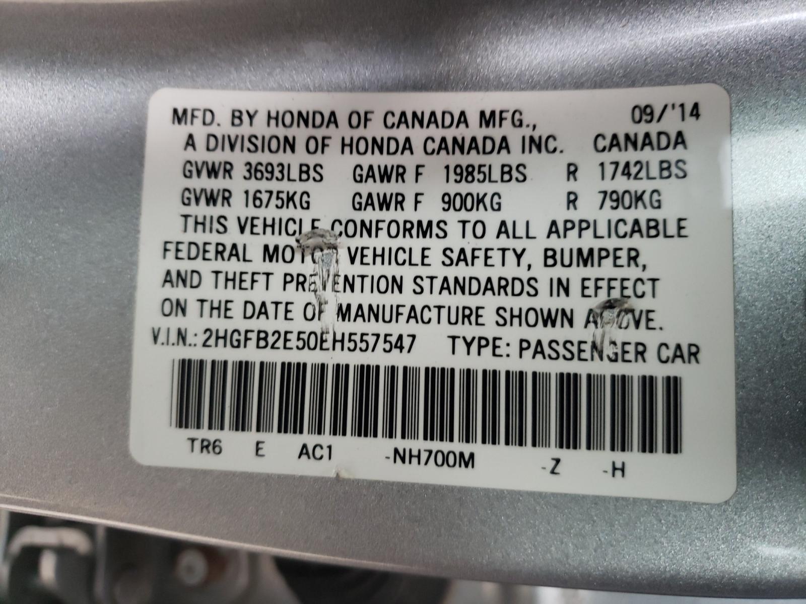 Photo 10 from auction – 2014 HONDA CIVIC LX with VIN 2HGFB2E50EH557547