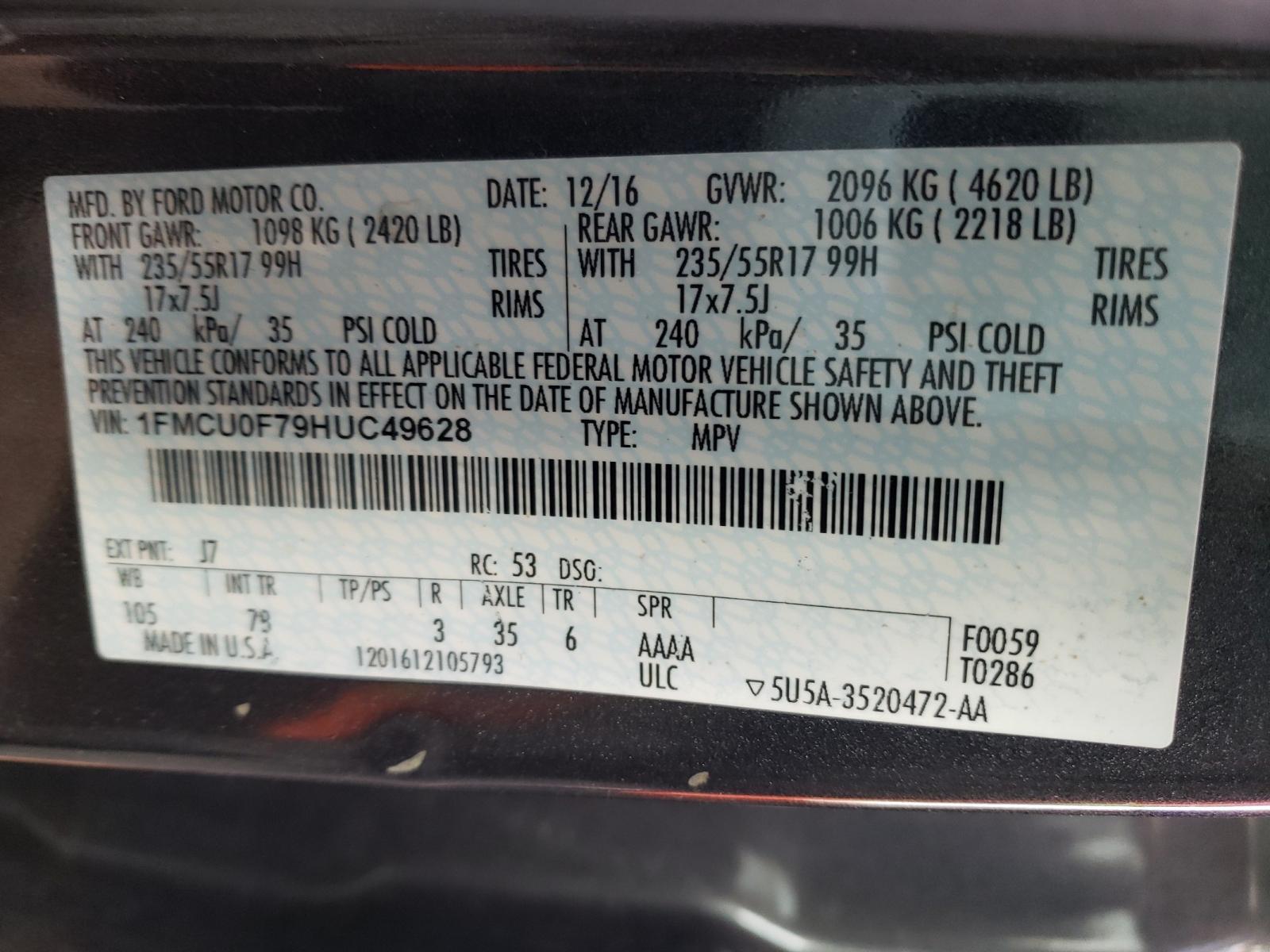 Foto 10 de la subasta – 2017 FORD ESCAPE S con VIN 1FMCU0F79HUC49628