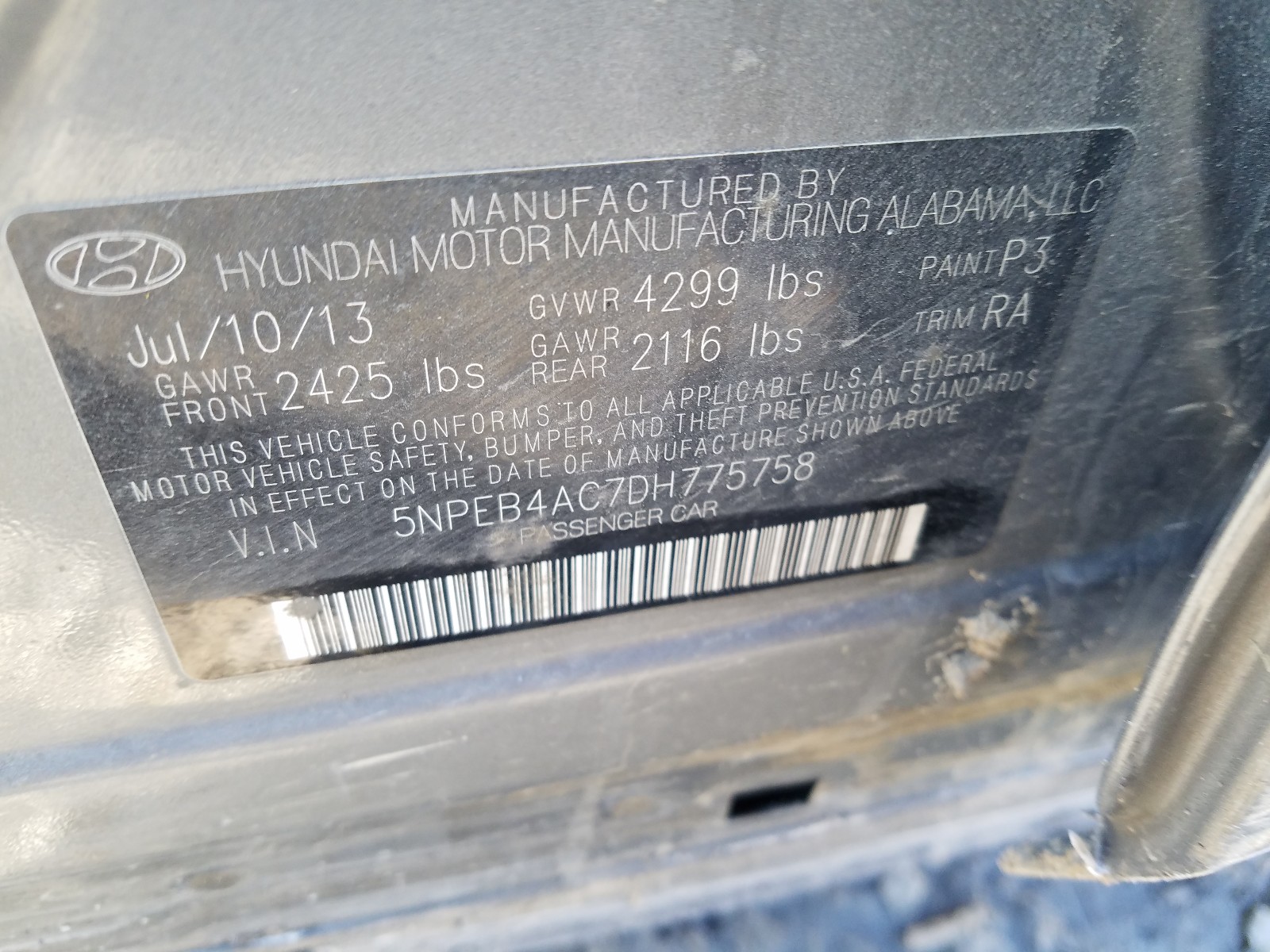 Photo 10 from auction – 2013 HYUNDAI SONATA GLS with VIN 5NPEB4AC7DH775758
