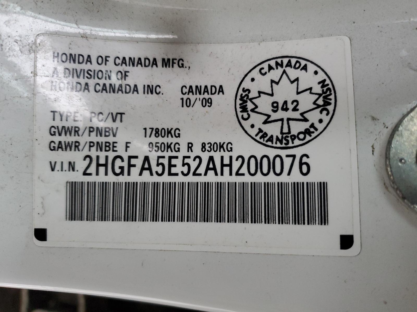 Photo 10 from auction – 2010 HONDA CIVIC SI with VIN 2HGFA5E52AH200076