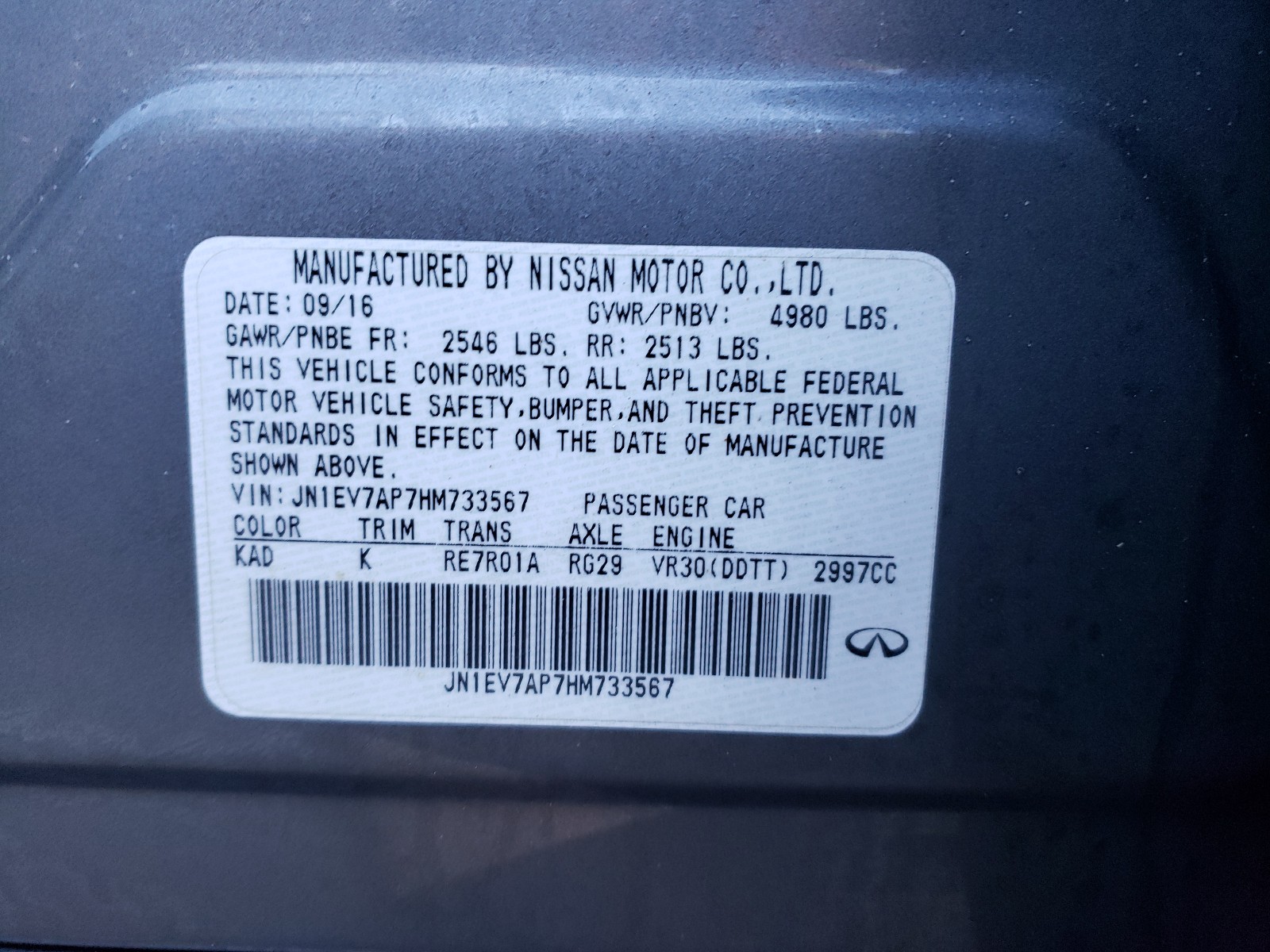 Photo 10 from auction – 2017 INFINITI Q50 PREMIU with VIN JN1EV7AP7HM733567