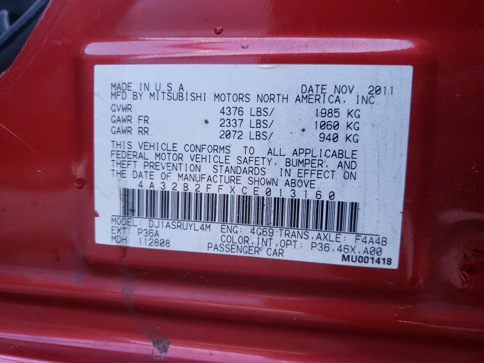Photo 10 from auction – 2012 MITSUBISHI GALANT FE with VIN 4A32B2FFXCE013160