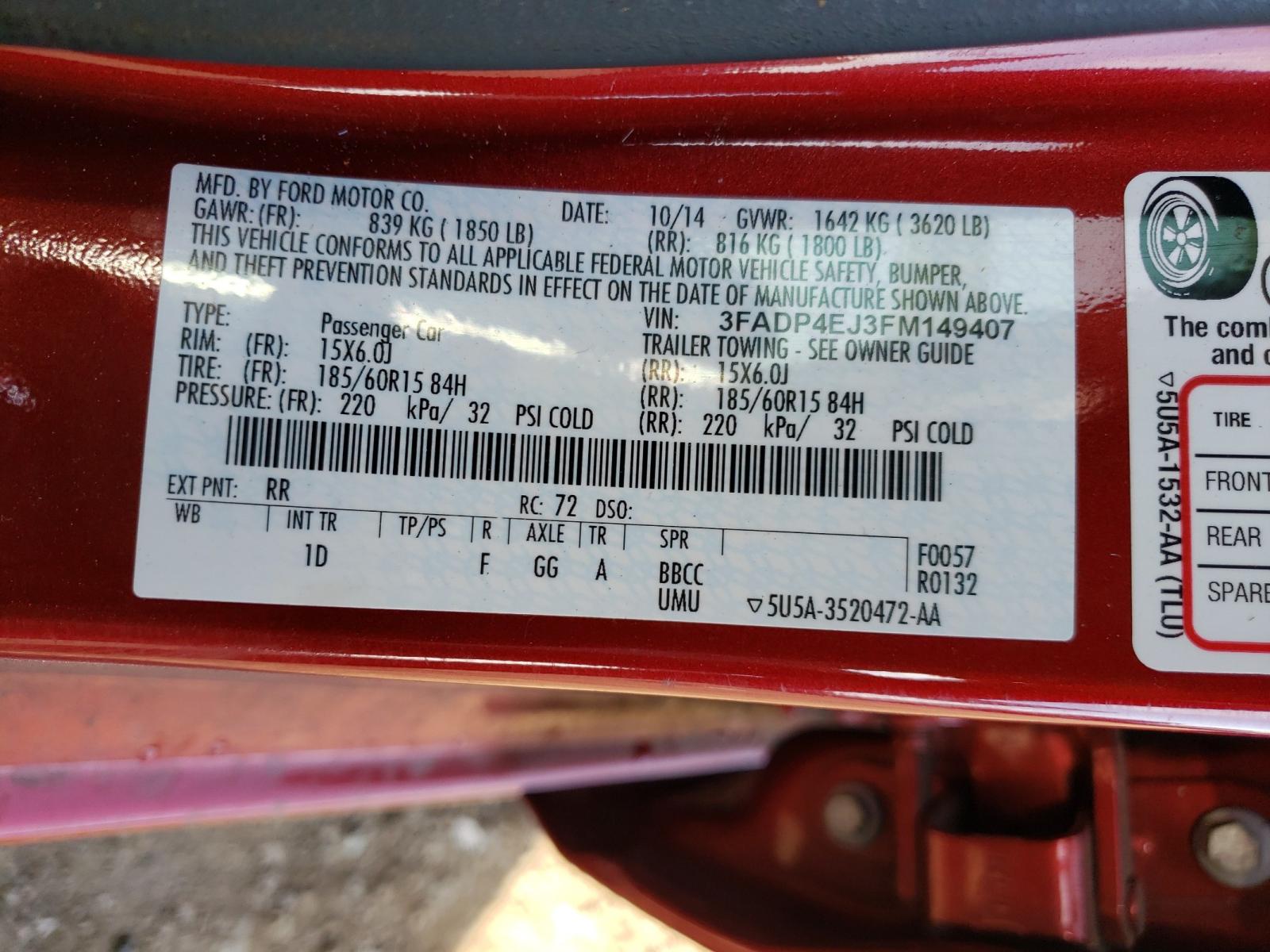 Photo 10 from auction – 2015 FORD FIESTA SE with VIN 3FADP4EJ3FM149407
