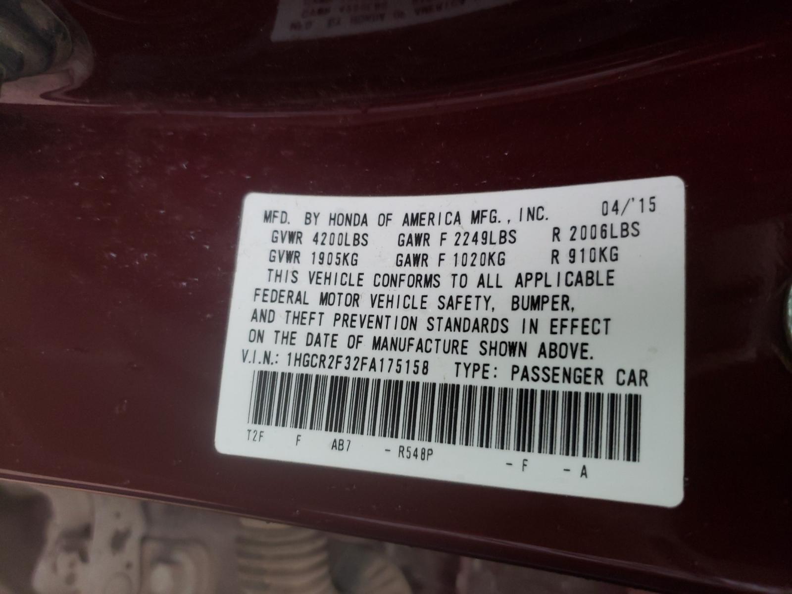 Photo 10 from auction – 2015 HONDA ACCORD LX with VIN 1HGCR2F32FA175158