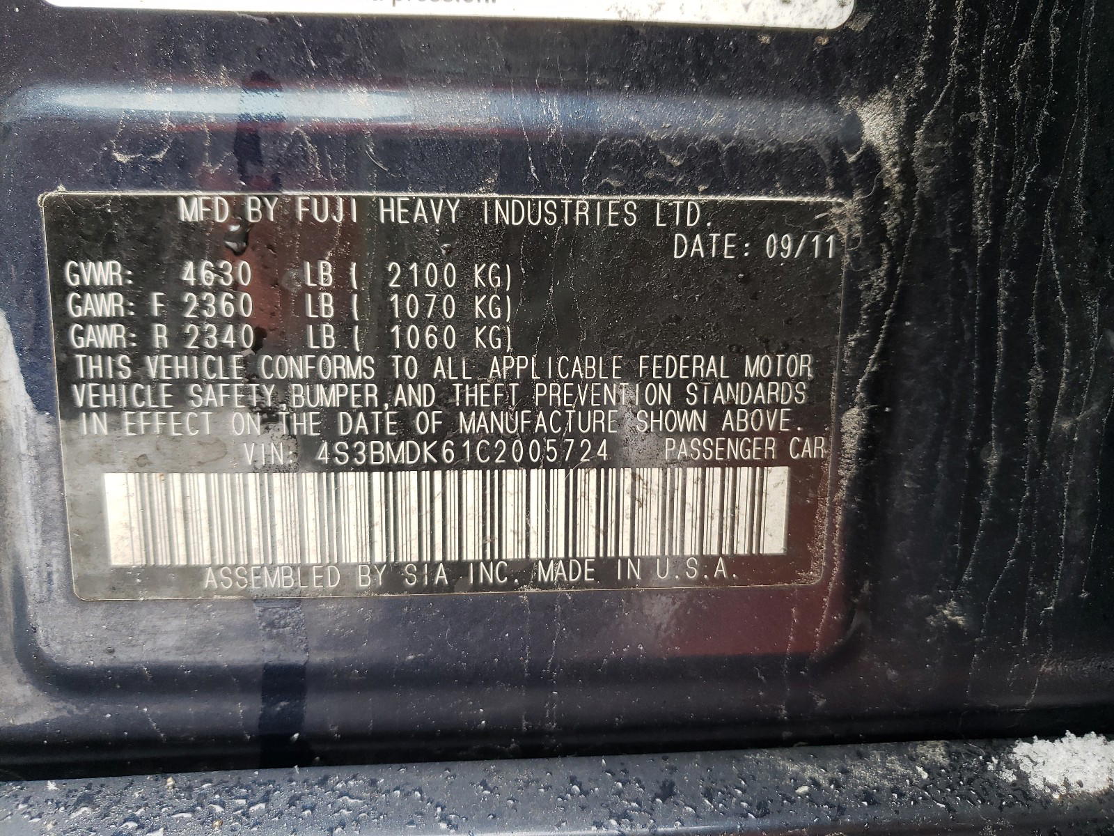 Photo 10 from auction – 2012 SUBARU LEGACY 3.6 with VIN 4S3BMDK61C2005724