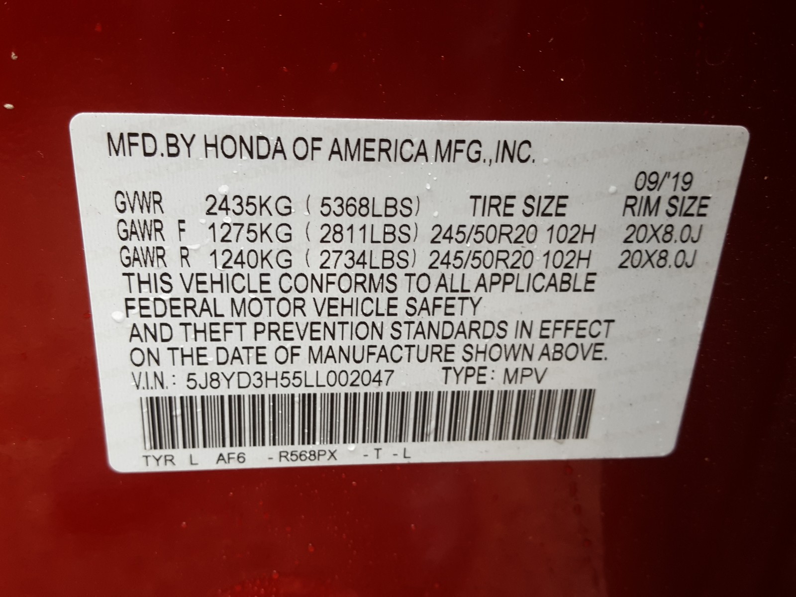 Photo 10 from auction – 2020 ACURA MDX TECHNO with VIN 5J8YD3H55LL002047
