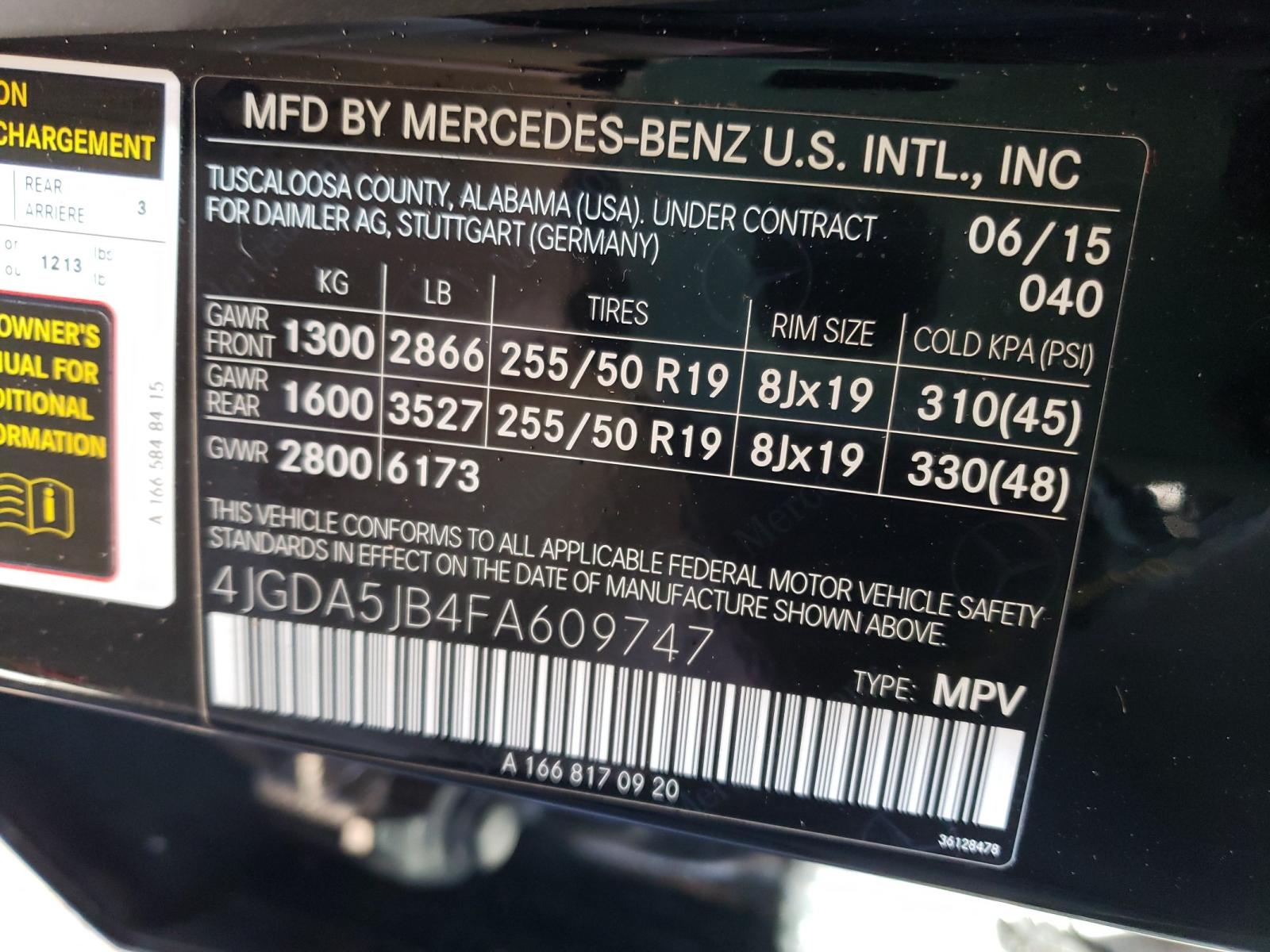 Photo 10 from auction – 2015 MERCEDES-BENZ ML 350 with VIN 4JGDA5JB4FA609747