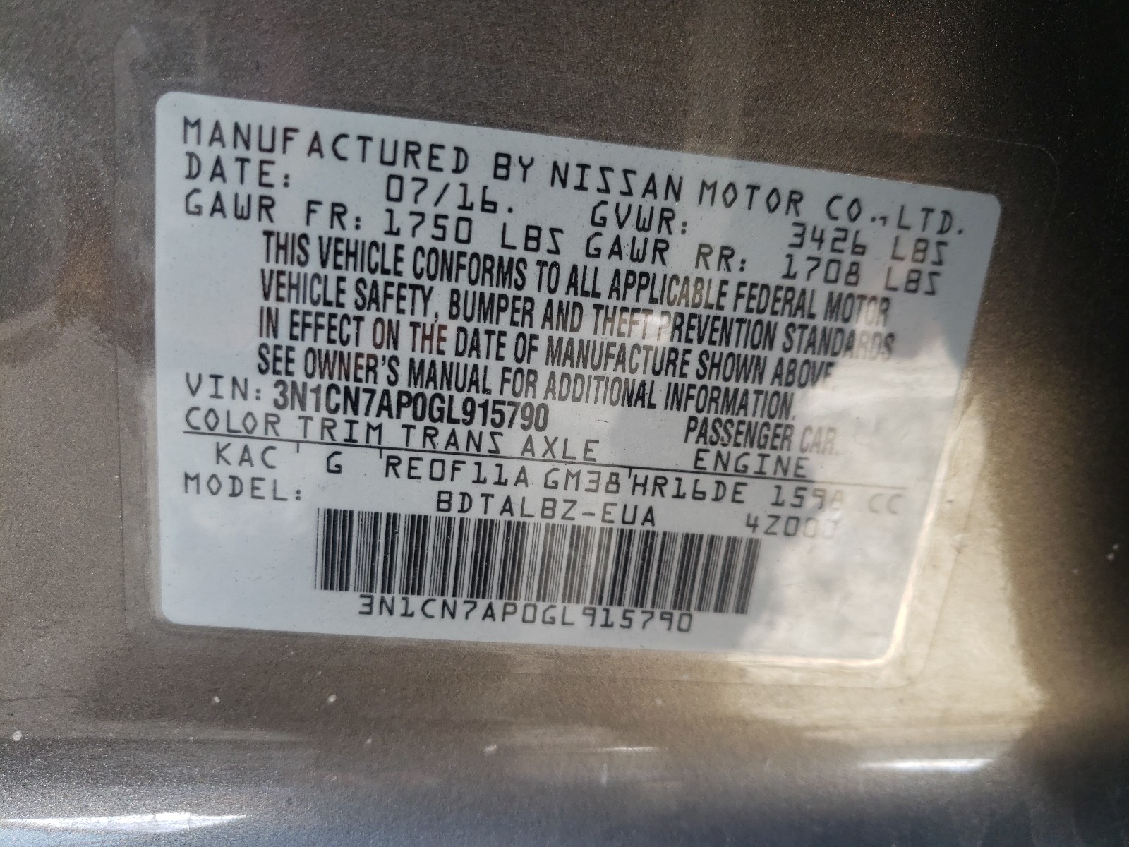 Photo 10 from auction – 2016 NISSAN VERSA S with VIN 3N1CN7AP0GL915790