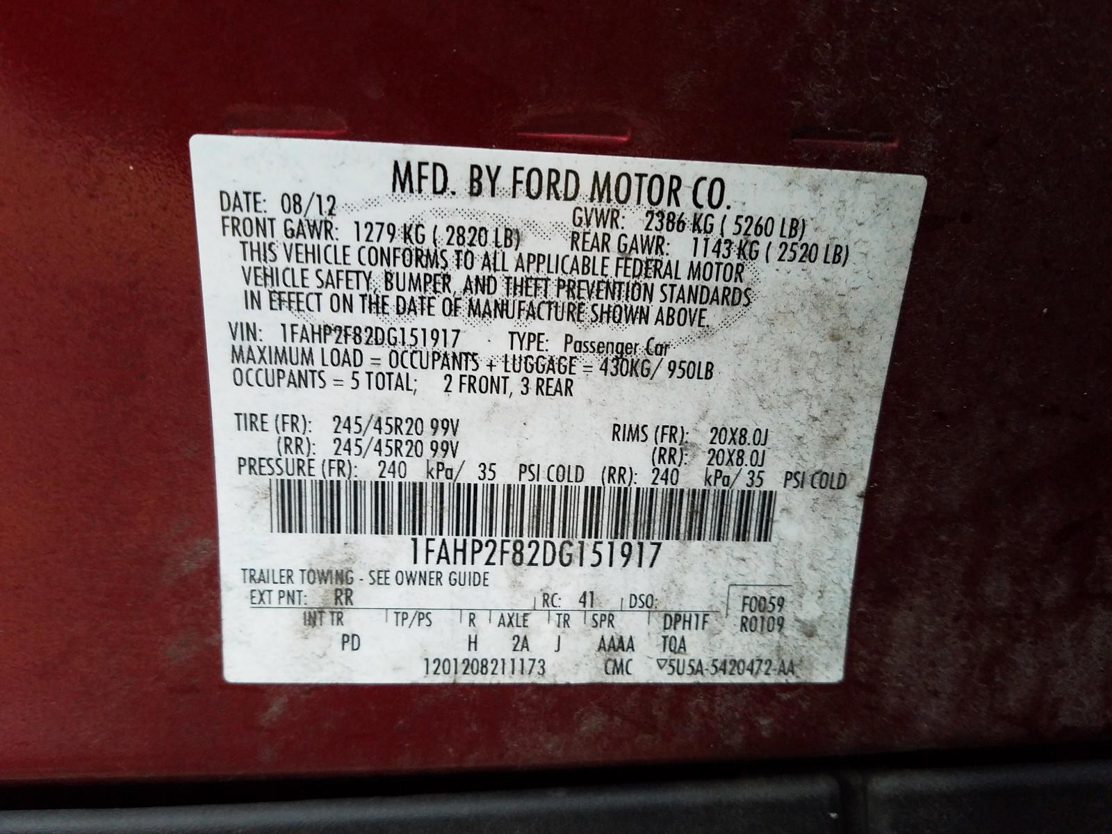 Photo 10 from auction – 2013 FORD TAURUS LIM with VIN 1FAHP2F82DG151917