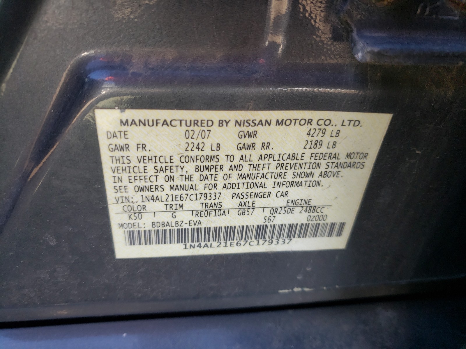 Photo 10 from auction – 2007 NISSAN ALTIMA 2.5 with VIN 1N4AL21E67C179337