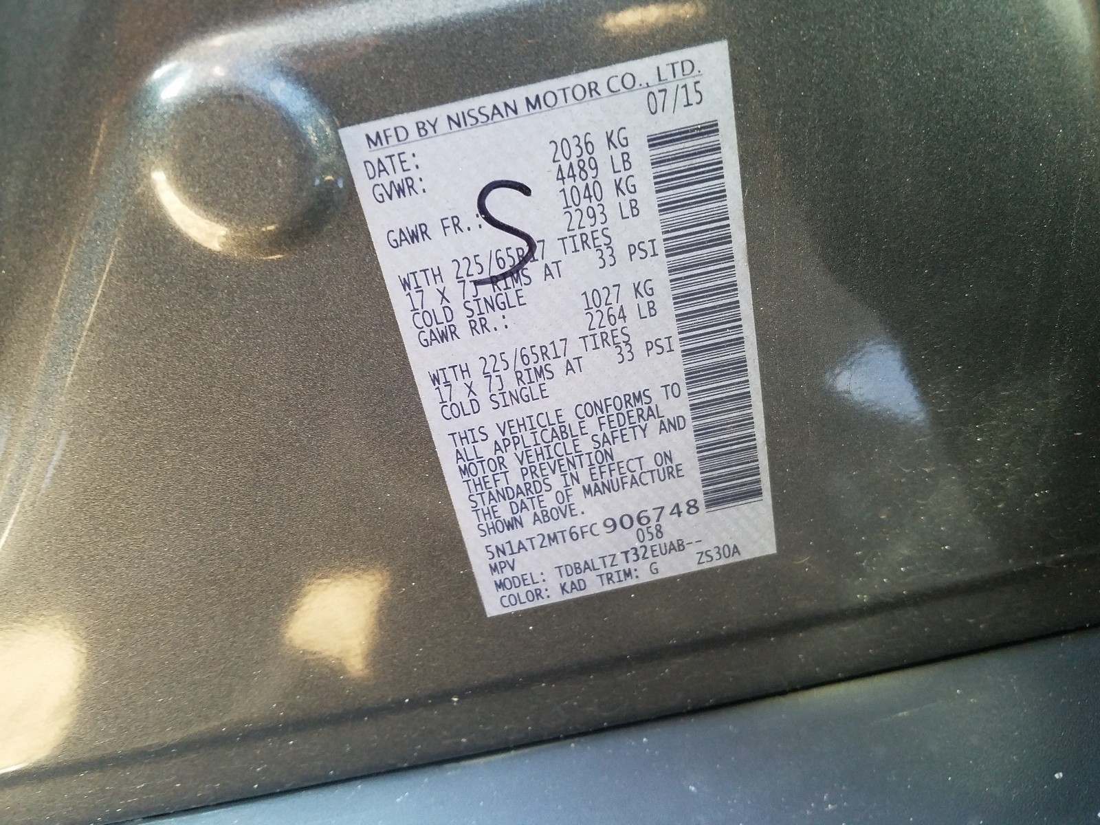 Photo 10 from auction – 2015 NISSAN ROGUE S with VIN 5N1AT2MT6FC906748