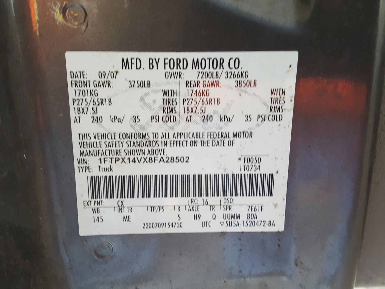 Photo 10 from auction – 2008 FORD F150 with VIN 1FTPX14VX8FA28502