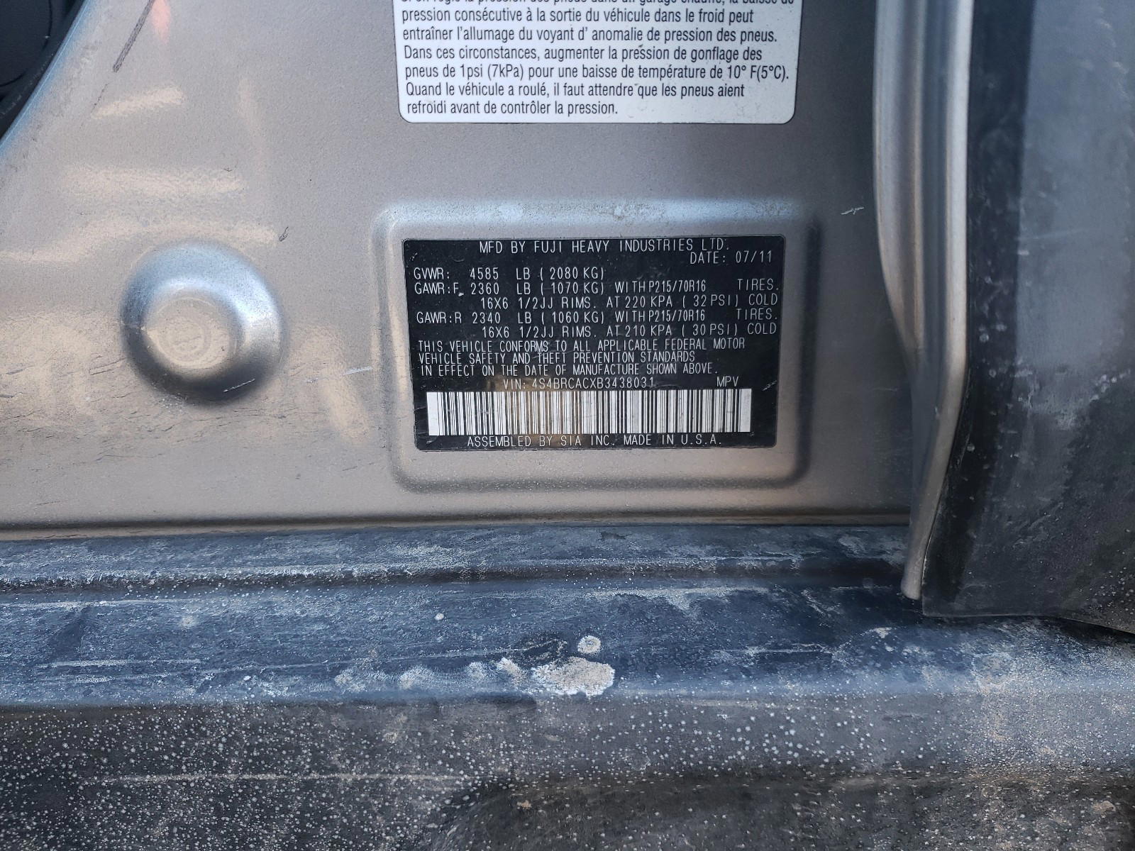 Photo 10 from auction – 2011 SUBARU OUTBACK 2. with VIN 4S4BRCACXB3438031