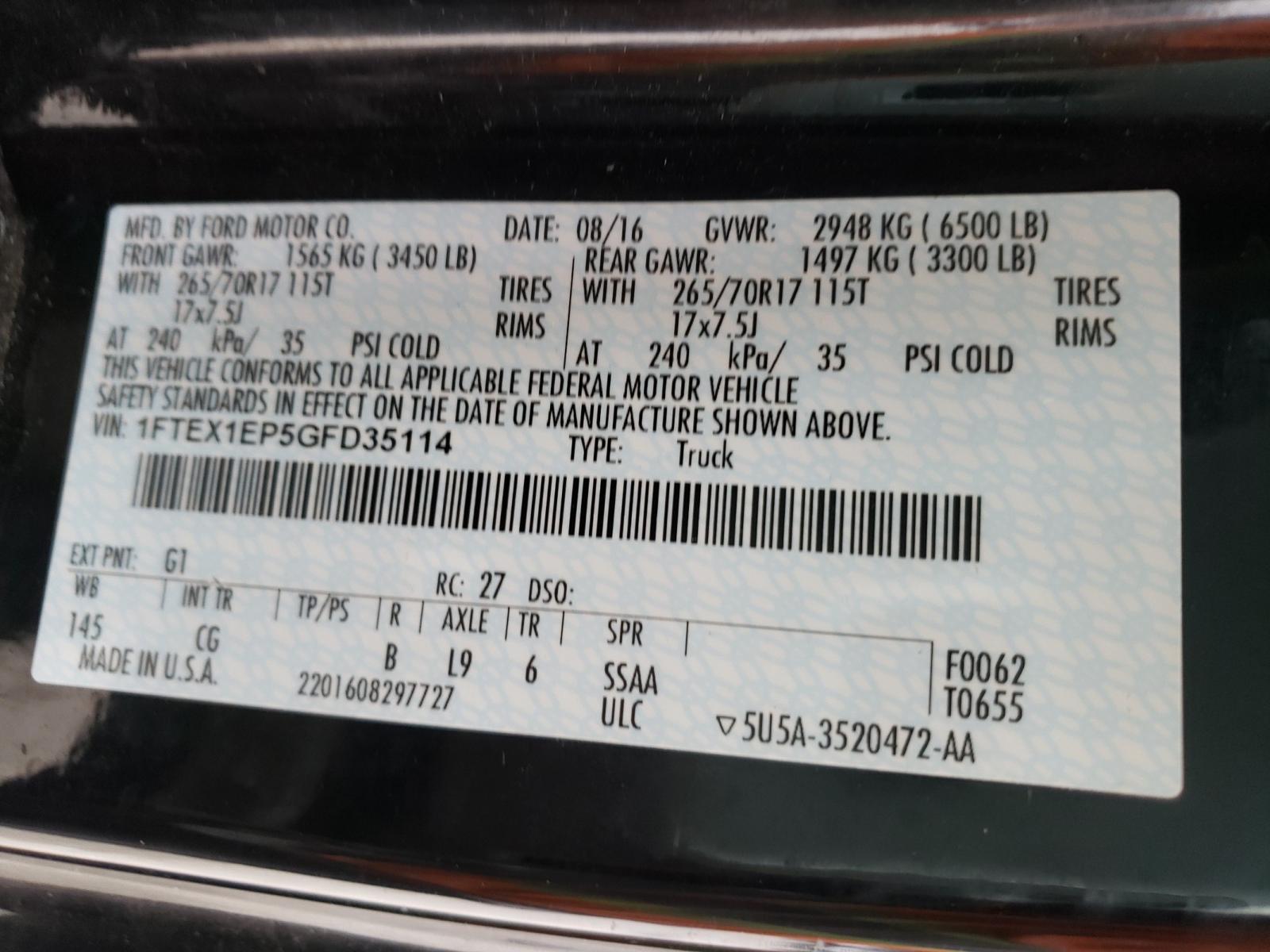 Photo 10 from auction – 2016 FORD F150 SUPER with VIN 1FTEX1EP5GFD35114