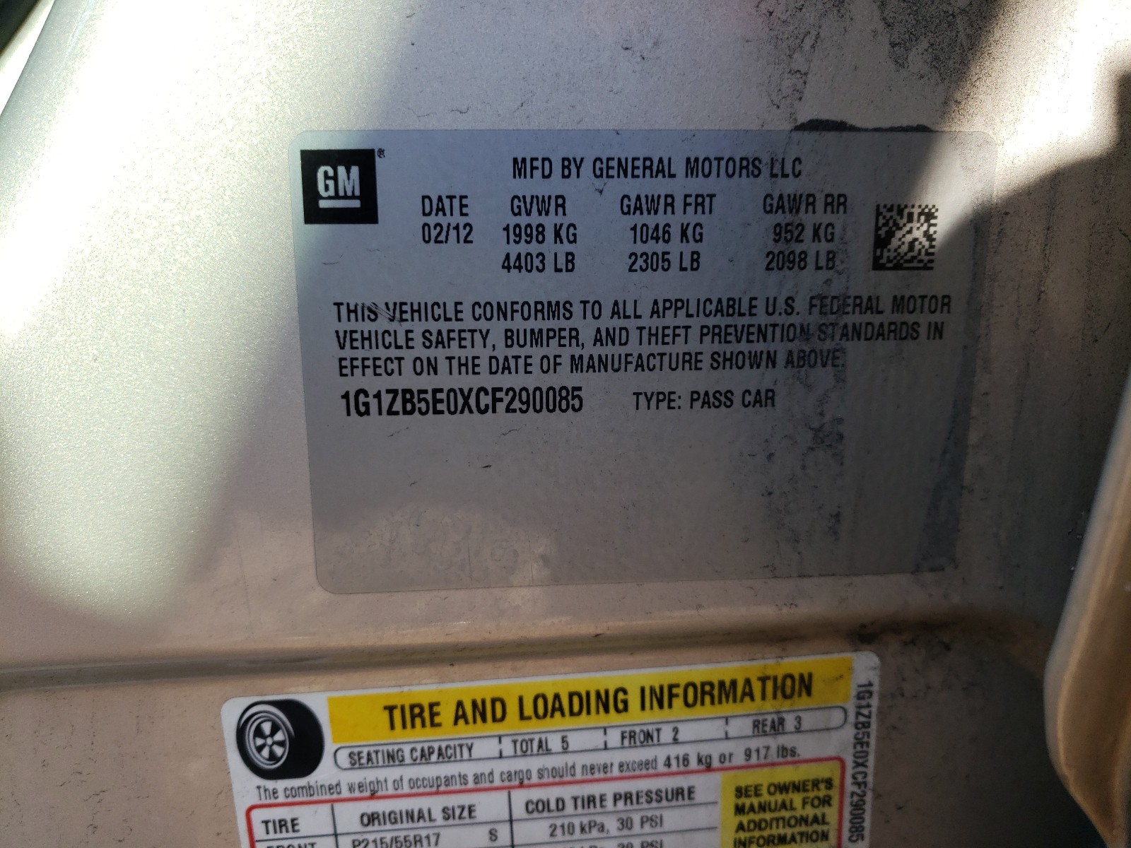 Photo 20 from auction – 2012 CHEVROLET MALIBU LS with VIN 1G1ZB5E0XCF290085