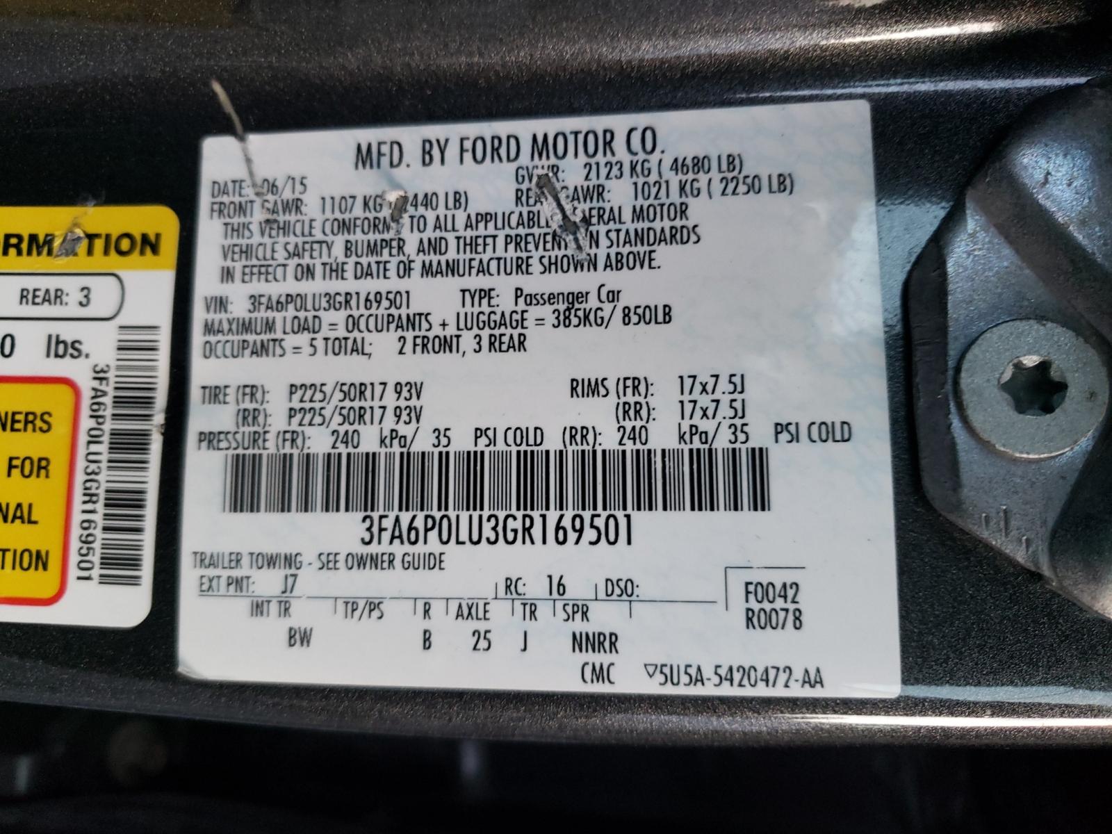 Photo 10 from auction – 2016 FORD FUSION SE with VIN 3FA6P0LU3GR169501