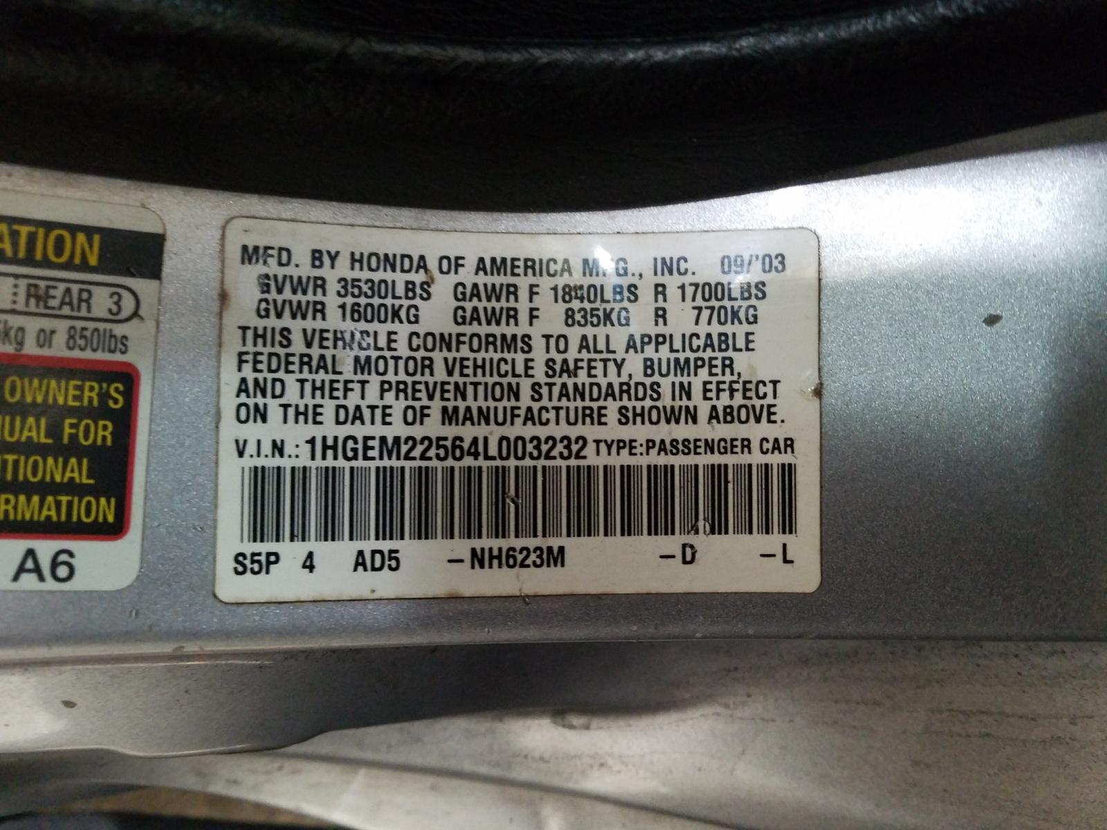 Photo 10 from auction – 2004 HONDA CIVIC LX with VIN 1HGEM22564L003232