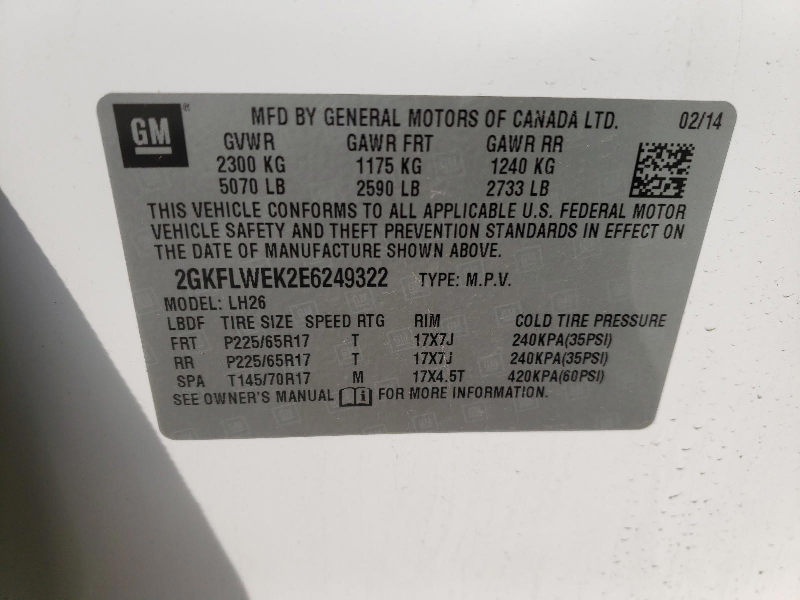 Photo 10 from auction – 2014 GMC TERRAIN SL with VIN 2GKFLWEK2E6249322