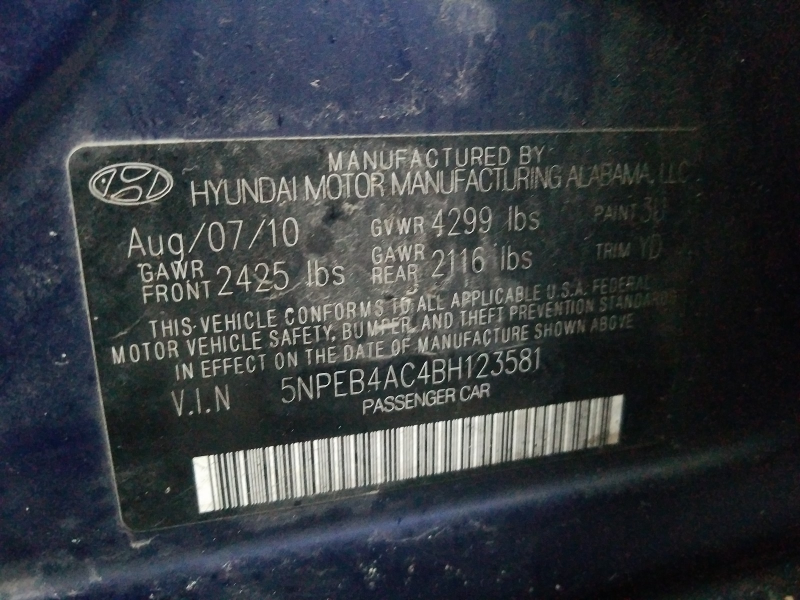 Photo 10 from auction – 2011 HYUNDAI SONATA GLS with VIN 5NPEB4AC4BH123581