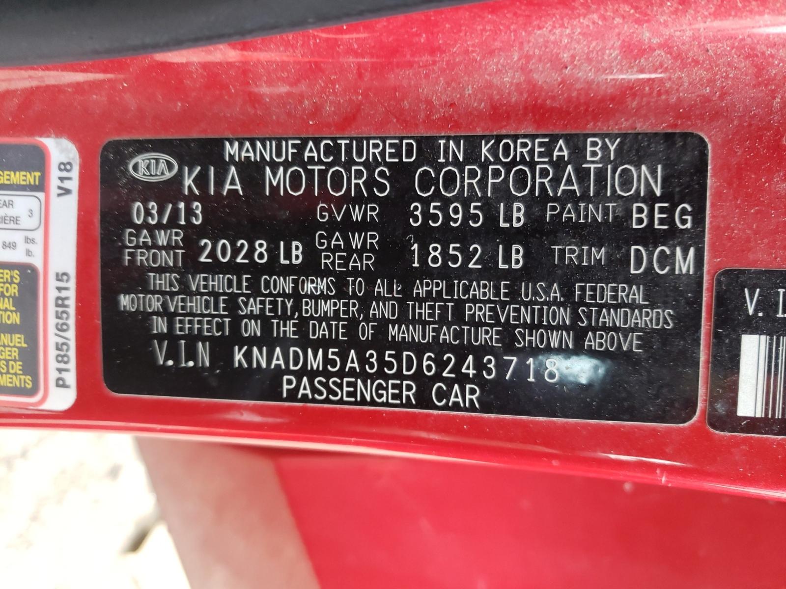 Photo 10 from auction – 2013 KIA RIO LX with VIN KNADM5A35D6243718