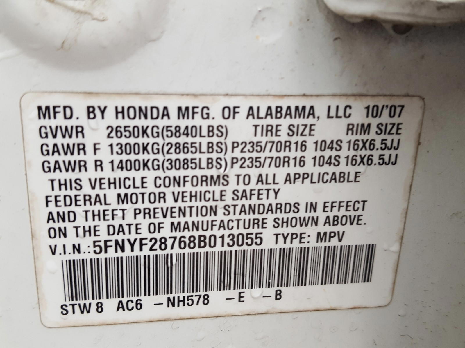 Photo 10 from auction – 2008 HONDA PILOT EXL with VIN 5FNYF28768B013055