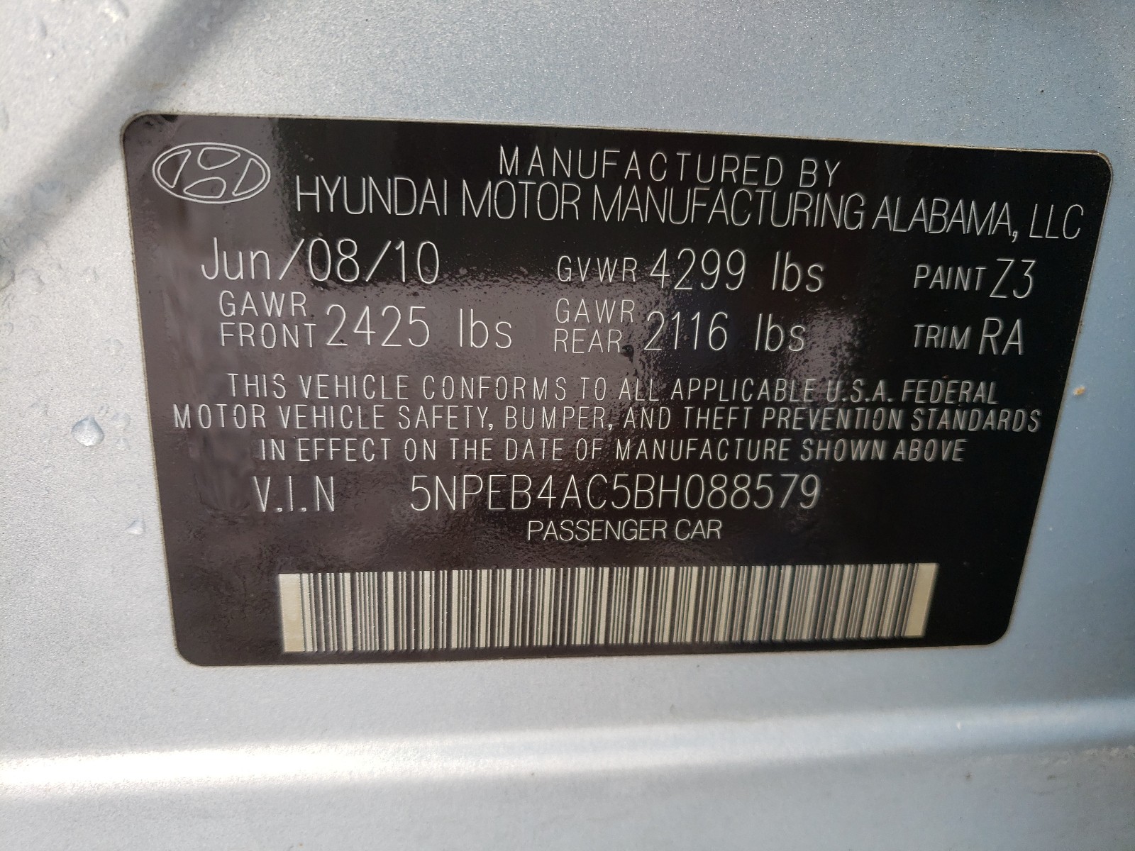 Photo 10 from auction – 2011 HYUNDAI SONATA GLS with VIN 5NPEB4AC5BH088579