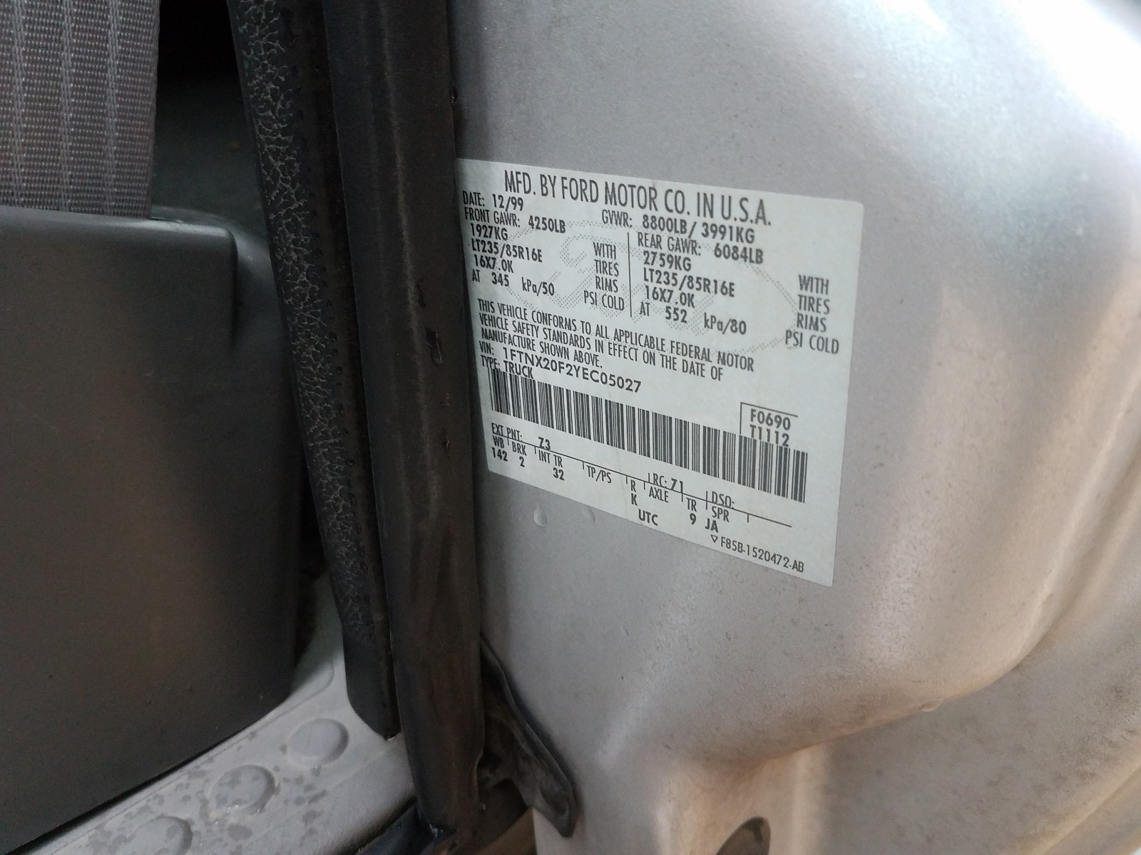 Photo 10 from auction – 2000 FORD F250 SUPER with VIN 1FTNX20F2YEC05027
