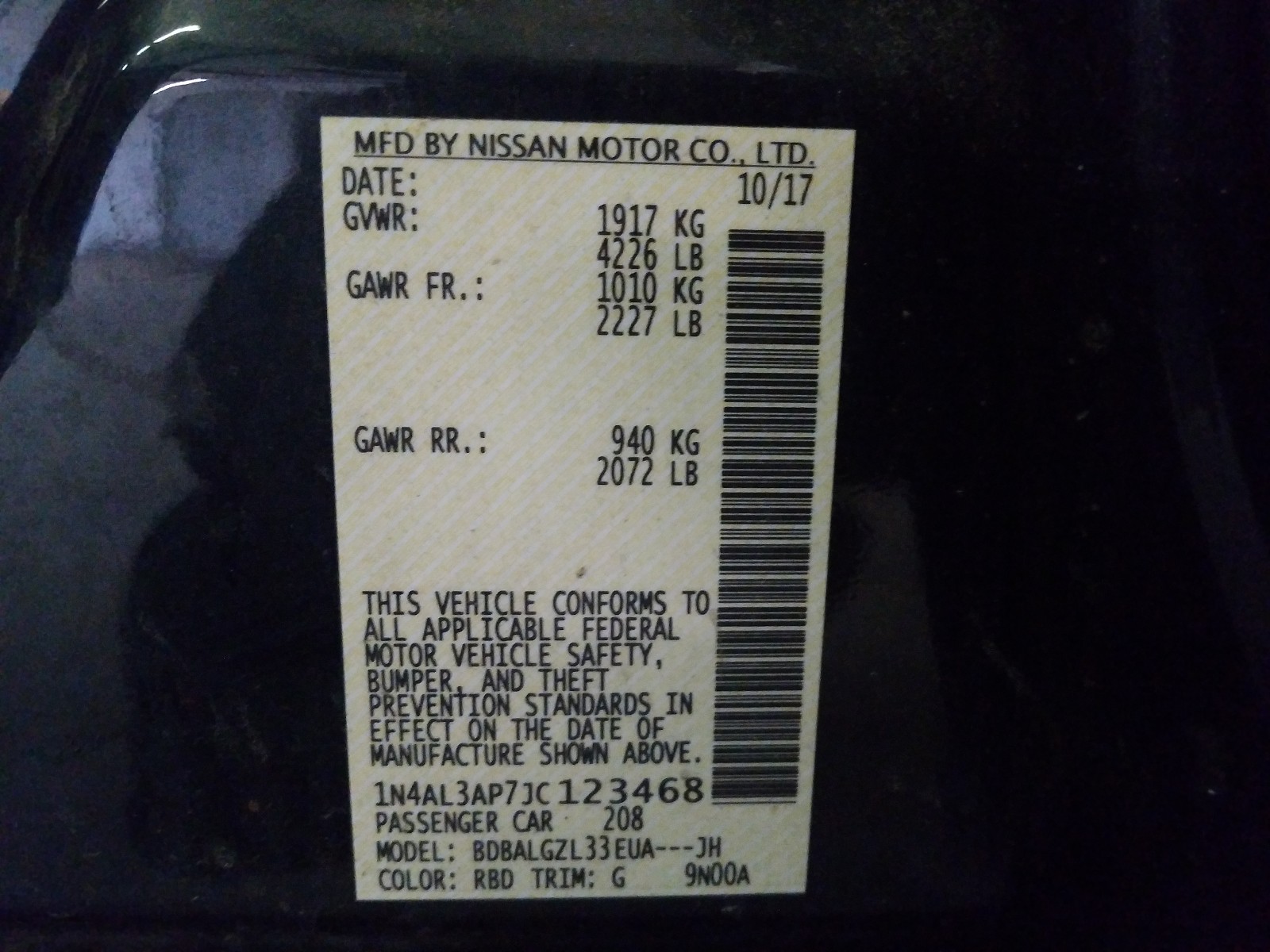 Photo 10 from auction – 2018 NISSAN ALTIMA 2.5 with VIN 1N4AL3AP7JC123468