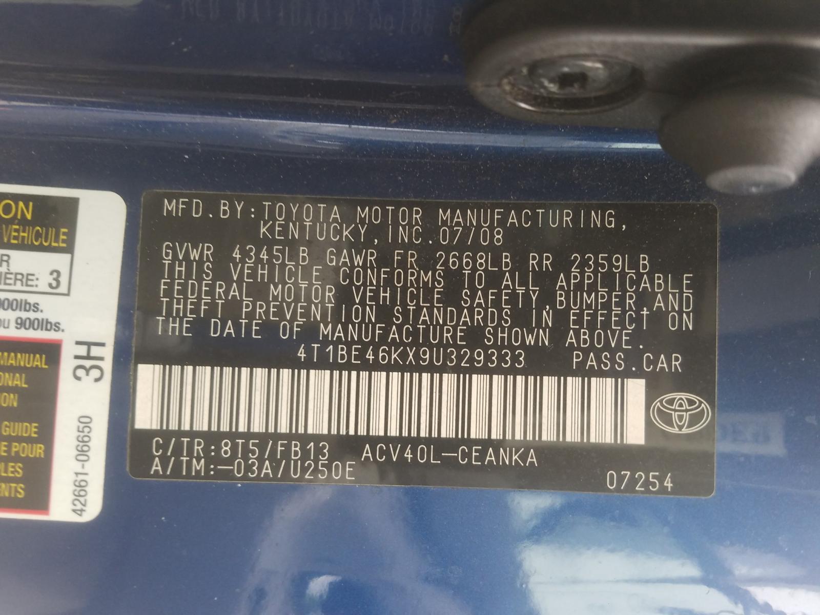 Photo 10 from auction – 2009 TOYOTA CAMRY BASE with VIN 4T1BE46KX9U329333
