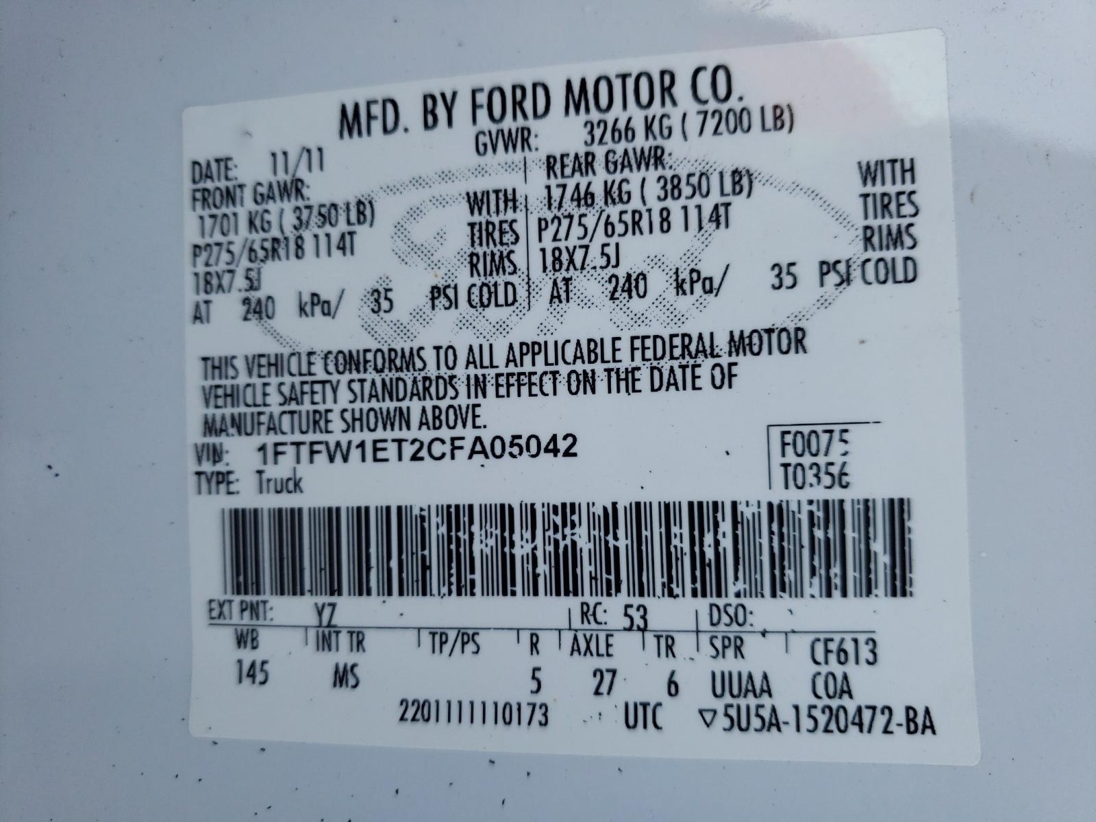 Photo 10 from auction – 2012 FORD F150 SUPER with VIN 1FTFW1ET2CFA05042