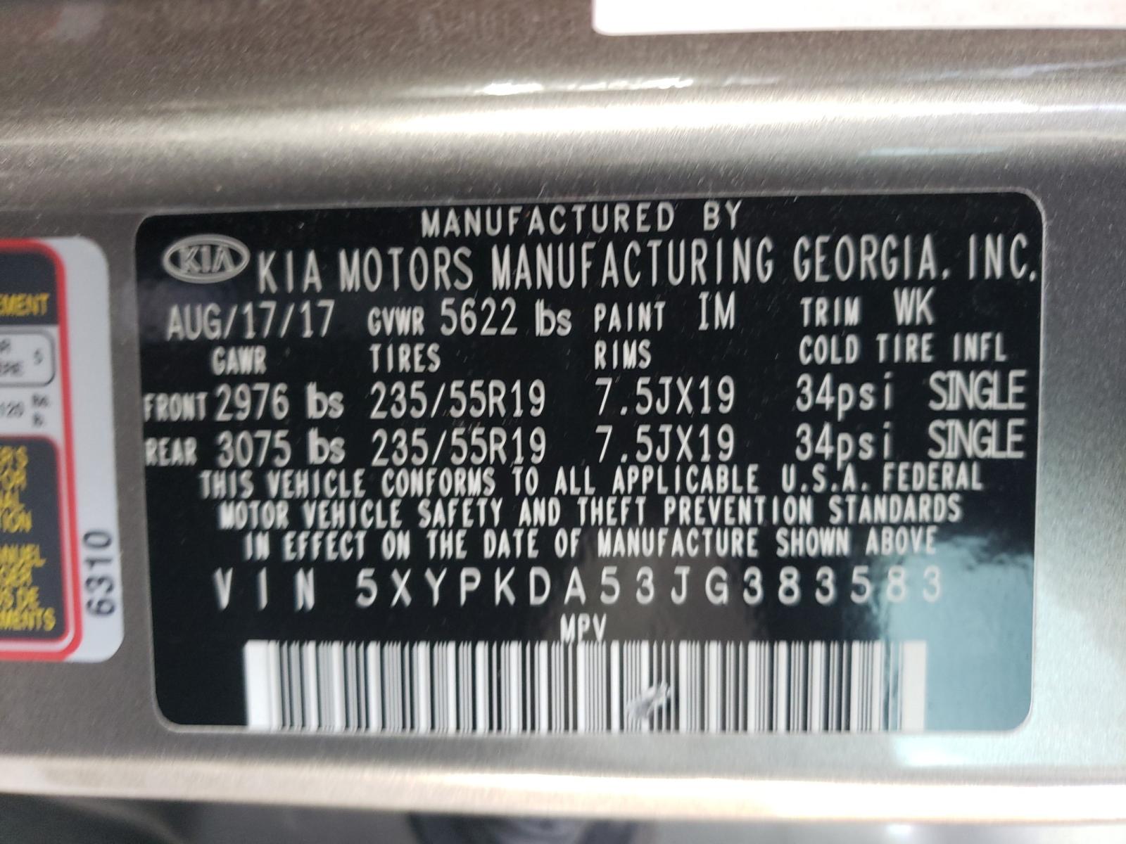 Photo 10 from auction – 2018 KIA SORENTO SX with VIN 5XYPKDA53JG383583