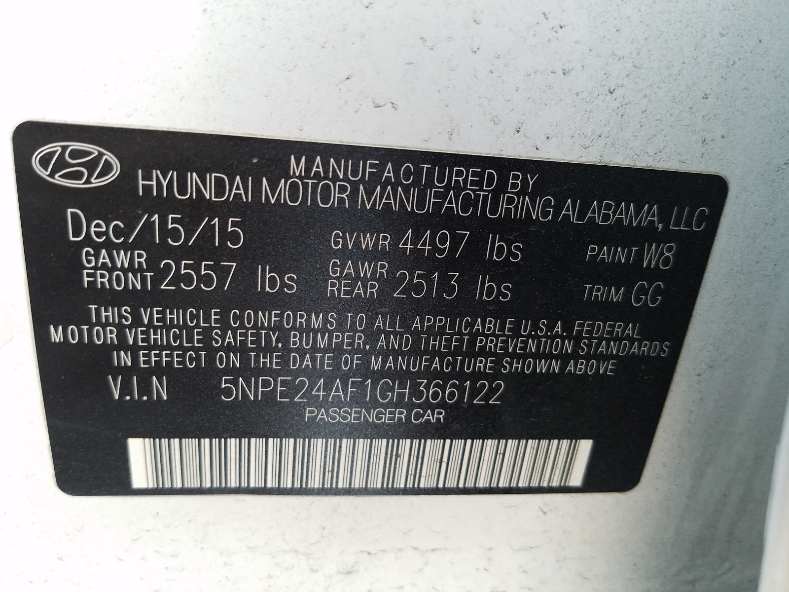 Photo 10 from auction – 2016 HYUNDAI SONATA SE with VIN 5NPE24AF1GH366122