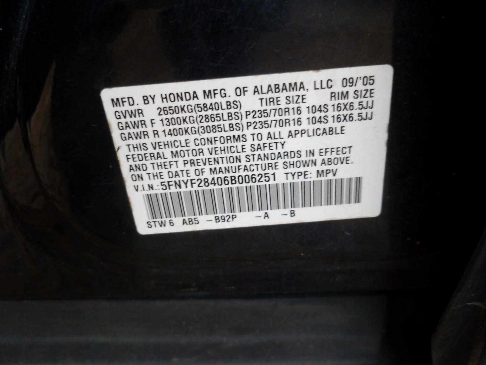 Photo 10 from auction – 2006 HONDA PILOT EX with VIN 5FNYF28406B006251