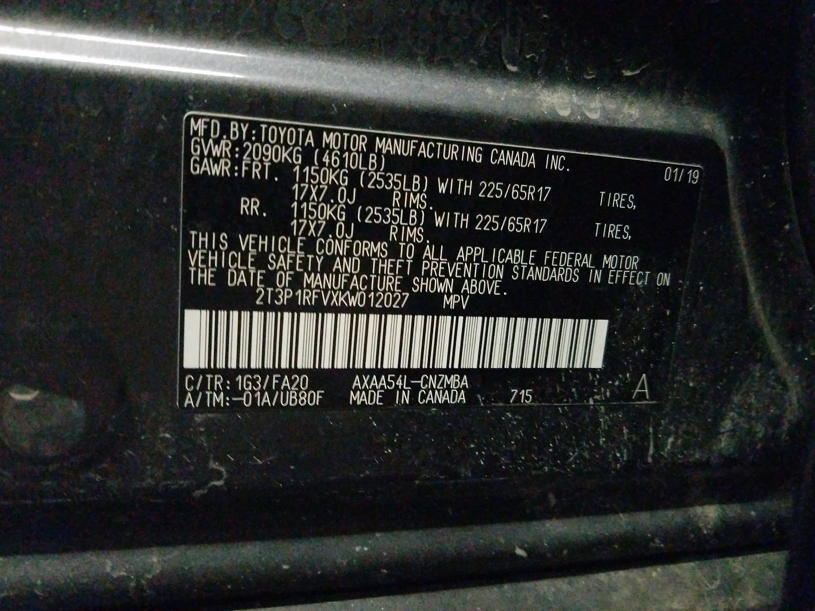 Photo 10 from auction – 2019 TOYOTA RAV4 XLE with VIN 2T3P1RFVXKW012027