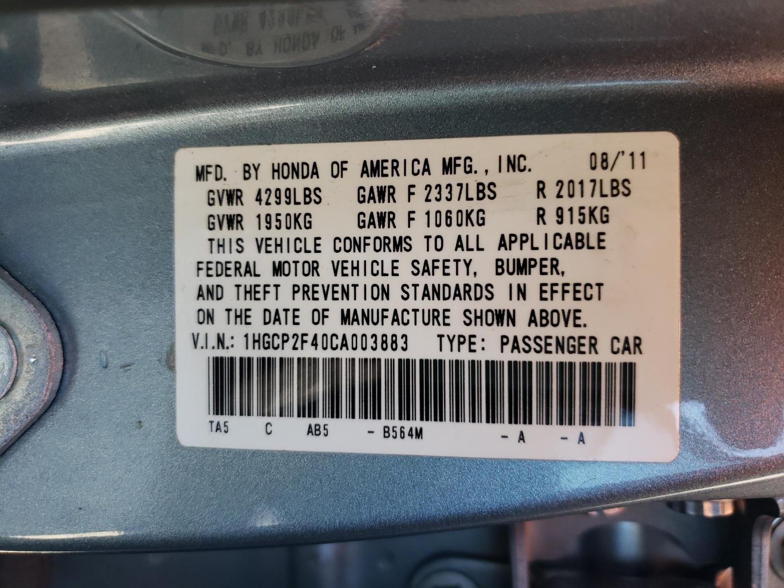 Photo 10 from auction – 2012 HONDA ACCORD LXP with VIN 1HGCP2F40CA003883