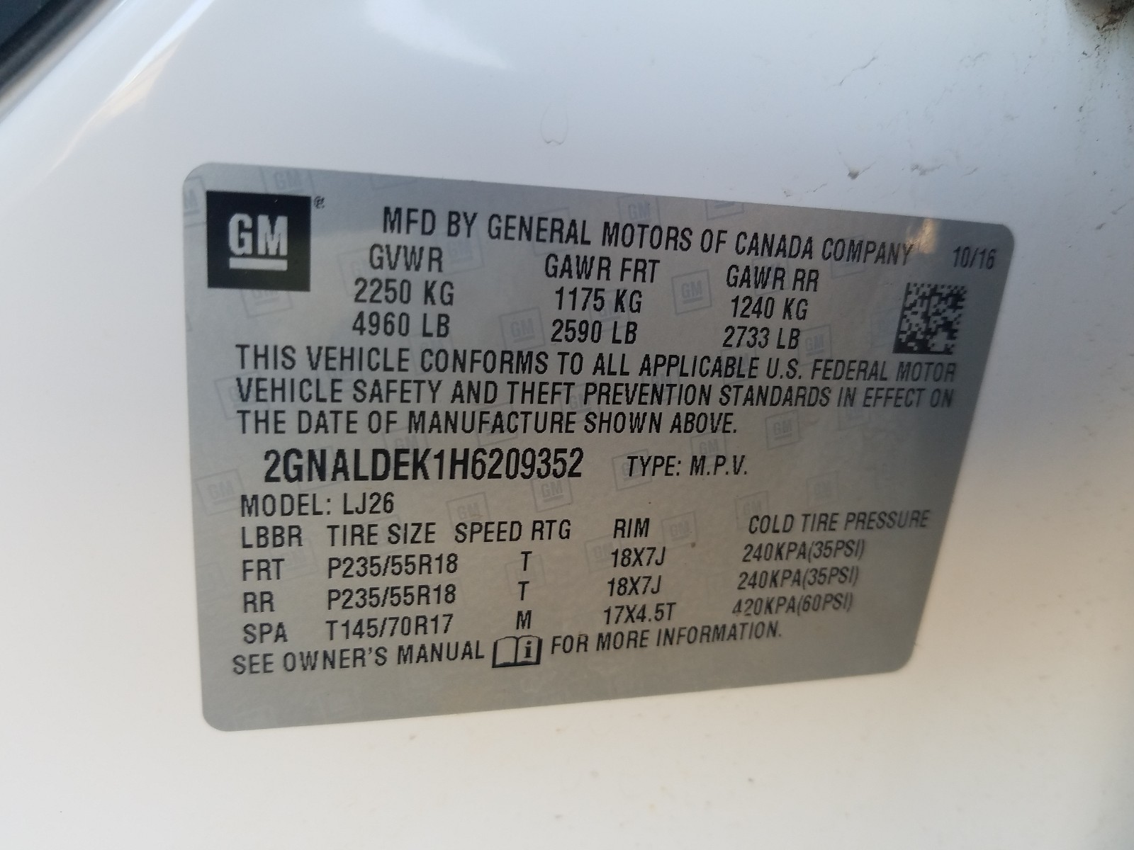 Photo 10 from auction – 2017 CHEVROLET EQUINOX PR with VIN 2GNALDEK1H6209352