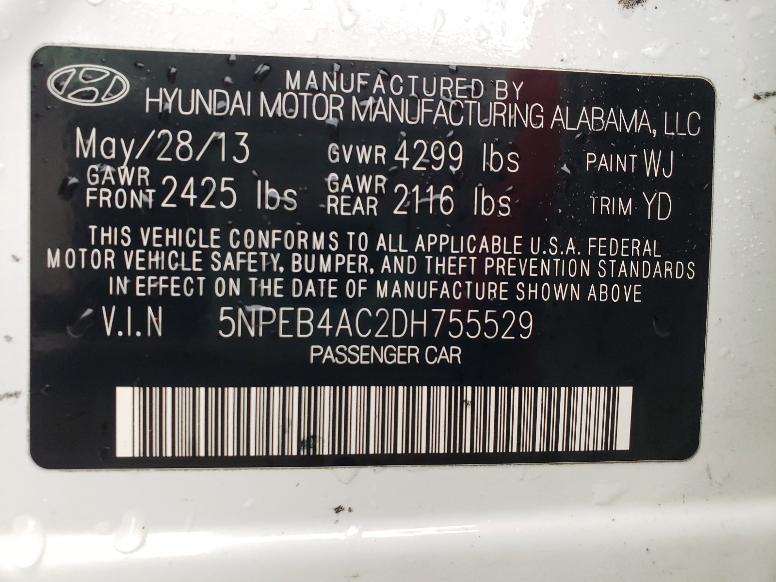 Photo 10 from auction – 2013 HYUNDAI SONATA GLS with VIN 5NPEB4AC2DH755529
