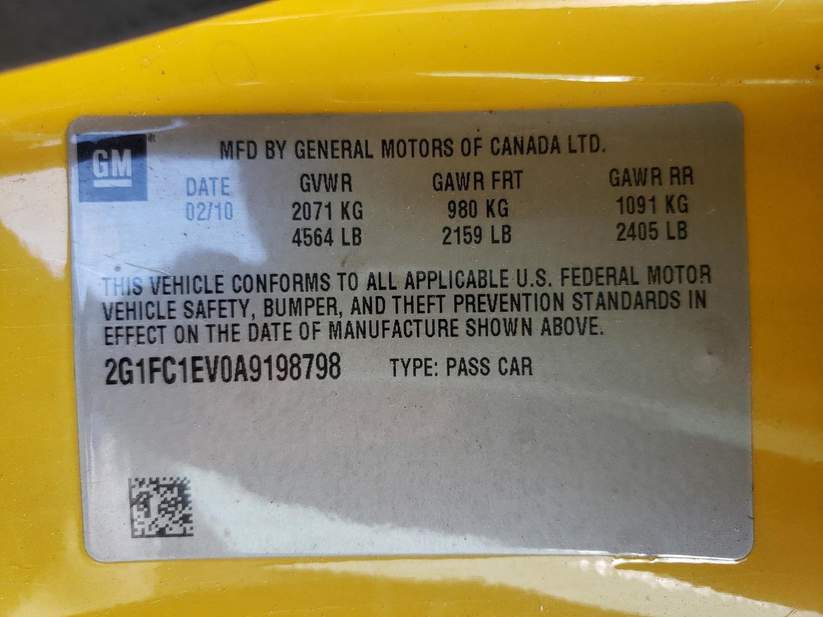 Photo 10 from auction – 2010 CHEVROLET CAMARO LT with VIN 2G1FC1EV0A9198798