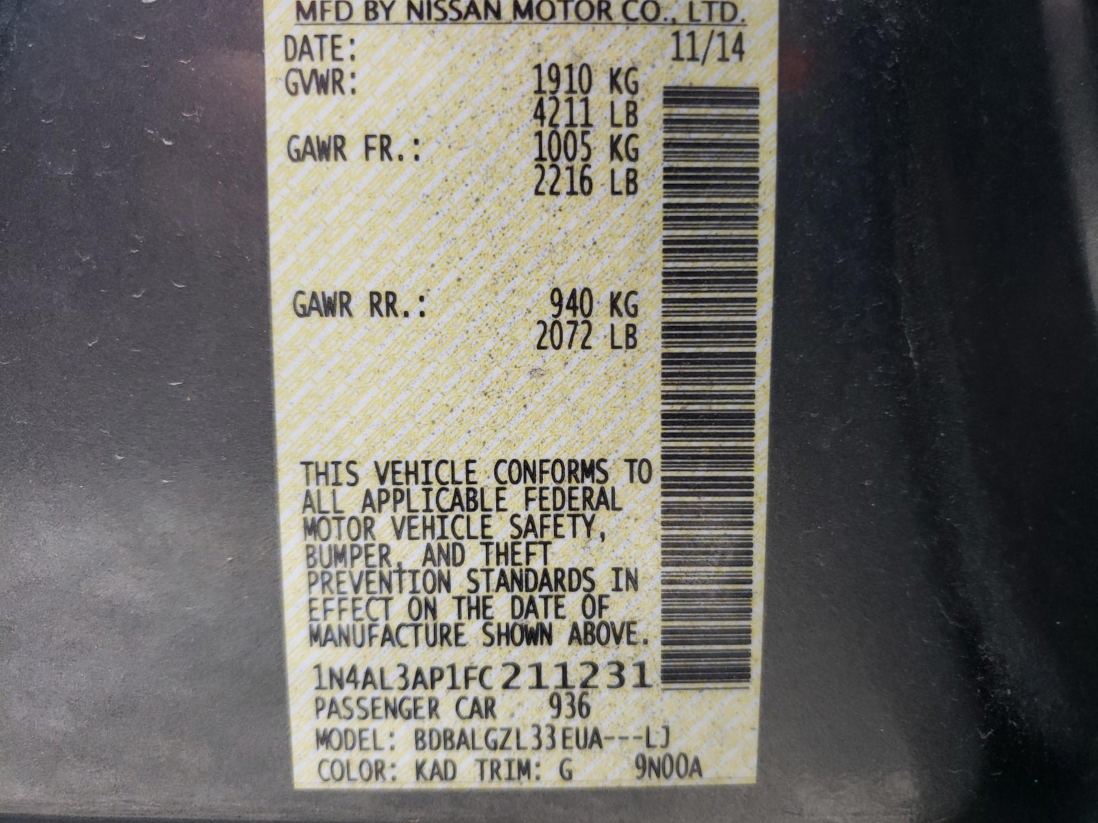 Photo 10 from auction – 2015 NISSAN ALTIMA 2.5 with VIN 1N4AL3AP1FC211231