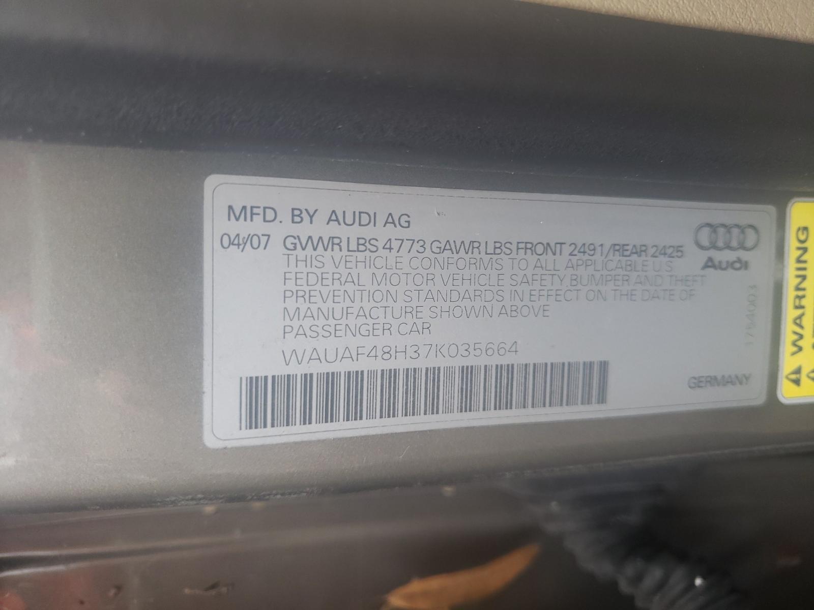Photo 10 from auction – 2007 AUDI A4 2.0T CA with VIN WAUAF48H37K035664